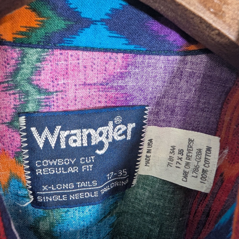 Mens Vintage Wrangler Cowboy 17-35 Neon Aztec Pattern Button Up Shirt XL - Picture 4 of 10